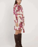Novara linen-blend shirt dress in a pink and red floral print with a button-front and removable waist tie.