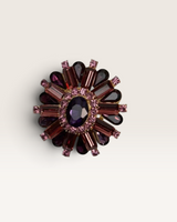 House of Holabox Interlude Brooch featuring faceted plum and rose crystals in a vintage-inspired sculptural design.