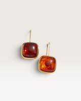 House of Holabox Provenance drop earrings featuring square amber-toned resin charms in 18K gold-plated settings.