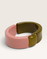 House of Holabox Sunday Best resin bangle in olive and pink with a polished gold setting and hinged design