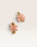 House of Holabox Sunday Best earrings featuring sculptural pale pink resin flowers with textured gold-plated accents.