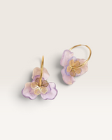 House of Holabox Obus Walya floral earrings in foxtail featuring layered purple resin petals and 18K gold-plated hoops