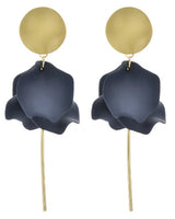 Olivia matte gold and navy flower petal dangle earrings featuring layered petals and a slender gold post.