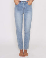 Light blue high-rise mom jeans with a relaxed fit and ankle-length cut.