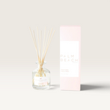 Palm Beach Collection 50ml mini reed diffuser in Vintage Gardenia with glass bottle, reeds, and pale pink packaging.