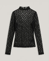 Black long-sleeve mock neck top in intricate floral lace fabric from the Sandra Skirt Set.