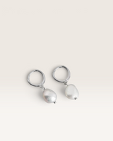 House of Holabox Sarah freshwater pearl drop earrings featuring petite sterling silver sleeper hoops.