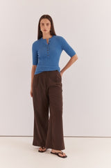 Blue Lilee Rib Knit top featuring a short-sleeve fitted silhouette with a buttoned half placket detail.