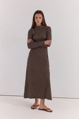 Ashini Long Sleeved Ruched Dress - Polka Dot Brown