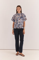 Anika Frill Neck Blouse - Violet Floral Blue