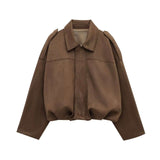Shauna suede-feel bomber jacket in earthy rose with a zip-front, collar, and relaxed, oversized fit.