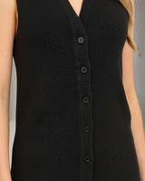 Black sleeveless knit vest with a V-neckline, button-down front, and ribbed texture in a relaxed fit.