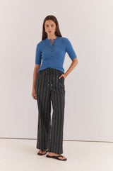 Sol Resort Pants in black cobalt stripe featuring a comfortable drawstring waist and wide-leg silhouette.