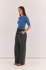 Sol Resort Pants in black cobalt stripe featuring a comfortable drawstring waist and wide-leg silhouette.