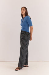 Sol Resort Pants in black cobalt stripe featuring a comfortable drawstring waist and wide-leg fit.