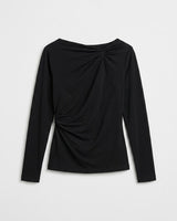 Black long-sleeve stretch jersey top with a boat neckline and knot detailing at the shoulder and side seam.