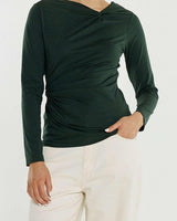 Bottle green stretch jersey long-sleeve top with a boat neckline and knot detail at the neck and side seam.