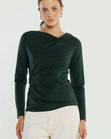 Bottle green long-sleeve stretch jersey top featuring a boat neckline and elegant knot details at the neck and side seam.