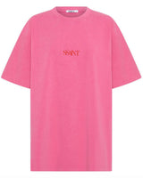 Unisex pink acid wash cotton tee featuring a bold SŚAINT logo on the chest in a relaxed, oversized fit.