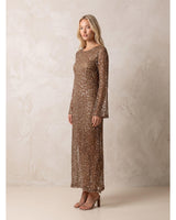 Cocoa-toned open weave mesh maxi dress with shimmering sequins, long sleeves, and a slip lining.