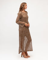 Cocoa-colored open weave mesh midi dress with shimmering sequins, long sleeves, and a slip lining.