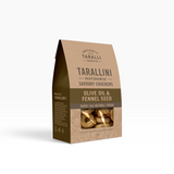 Tarallini - Olive Oil Mediterranean savoury crackers in brown kraft paper packaging with olive oil and fennel seed label and window showing crackers.