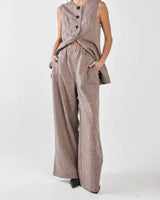 Taupe wool-blend wide-leg pull-on pants with an elastic waistband and side pockets, paired with a matching vest.