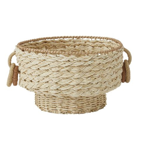 Woven basket with handles on a white background