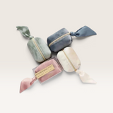 House of Holabox Pinch Provisions velvet bridesmaid emergency kits in assorted pastel colours with matching scarf pulls