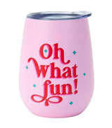 Wine Tumblers Doubled Walled in pink stainless steel, featuring “Oh What Fun!” lettering and star accents