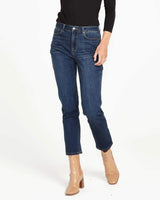 Wynona high-rise slim straight leg jeans in dark wash stretch denim with a curve-contour waistband.