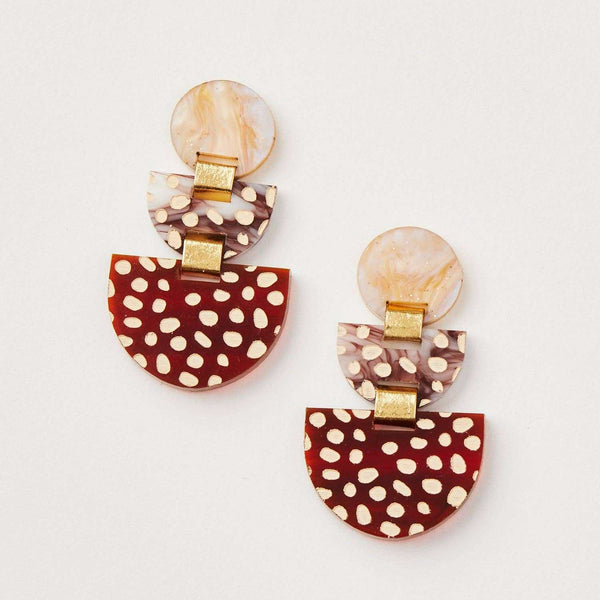 Brown acrylic Martha Jean Boat Earrings with white polka dots and gold accents, 5x2.5 cm, surgical steel fixing