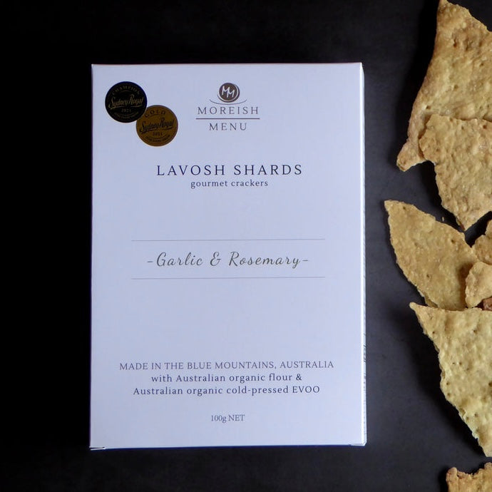 'Moreish Menu' Garlic & Rosemary Lavosh Shards
One of our most popular, you can snack on these tasty crackers all day! Perfect purely on their own or paired with hard and soft cheeses.
Ingredients: Organic AustrMoreish Menu