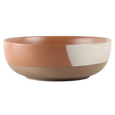 Davis and Waddell Origins stoneware serving bowl in terracotta, white speckle, and stone colors, 29x29x10cm.