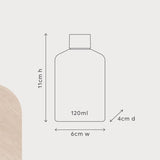 Diagram showing dimensions of Al.ive Hair & Body Travel Pack bottle, 120ml capacity, 11cm height, 6cm width, 4cm depth