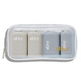 Al.ive Hair & Body Travel Pack with shampoo, conditioner, body wash, and lotion in a clear travel case