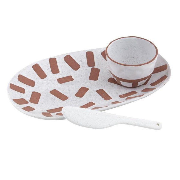 'Davis + Waddell' Zambia Serving Set
DAVIS &amp; WADDELL ZAMBIA SERVING SET 3PCE 
WHITE SPECKLE/TERRACOTTA PLATTER 26X16X3CM
BOWL 9X9X6CM
KNIFE 17CM

Davis and Waddell