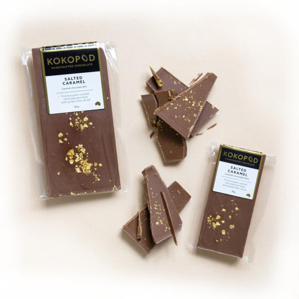 'KokoPod' Chocolate 50gCreme Brulee
Caramelised European white chocolate embedded with house crafted butter toffeeGLUTEN FREE
Salted Caramel
Fine European caramel chocolate sprinkled with KokoPod