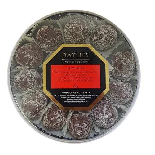 'Baylies' Rum Balls
Baylies Rumballs are made with Dark Belgian Chocolate, Roasted Australian Almonds and a generous measure of dark Rum. 
Serve with tea or coffee after dinner or withBaylies Epicurean Delights