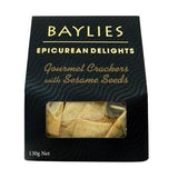 Baylies Epicurean Delights gourmet sesame seed crackers in black packaging with visible crackers inside
